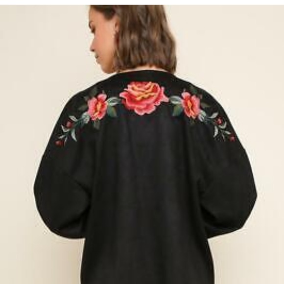 Umgee faux suede floral embroidered open front jacket - Picture 4 of 8